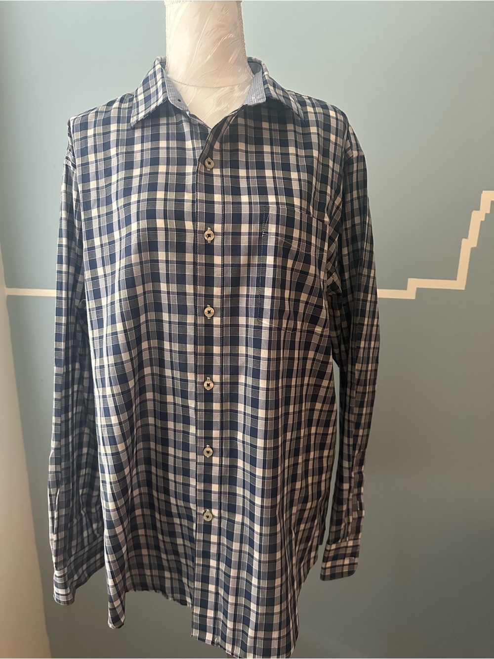 Van Heusen Blue and White Plaid Long-Sleeve Button-Down Shirt L 16-16.5